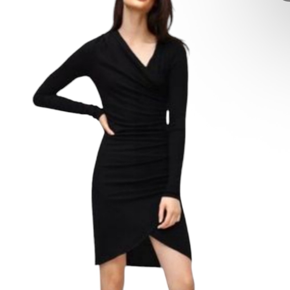 Wilfred Free Aritzia Black Long Sleeve Wrap Ruched Midi Dress Size Small